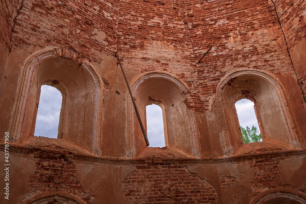 Brick wall with three windows. An old ruined church. Inside view. Smolensk region, 1753.
