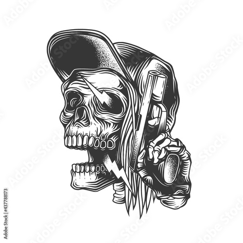 Original monochrome vector illustration in vintage style. A skull with long hair, a baseball cap, sparks from his eyes, and a gun in his hand.