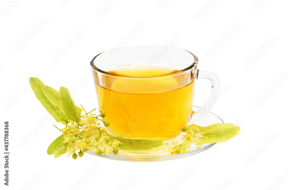 tea with linden  flowers in glass cup isolated on  white