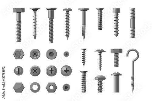 Metallic technical bolt and screw hardware, construct supply. Set of different chrome nail, stainless stud and metal rivet workshop equipment vector illustration isolated on white background