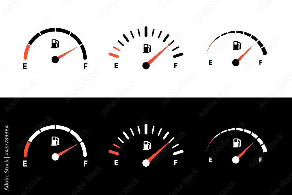 Fuel indicator, meter gauge display for level control. Different version of dashboard petrol, diesel or gas volume reminder with arrow pointer vector illustration isolated on black white background - obrazy, fototapety, plakaty 