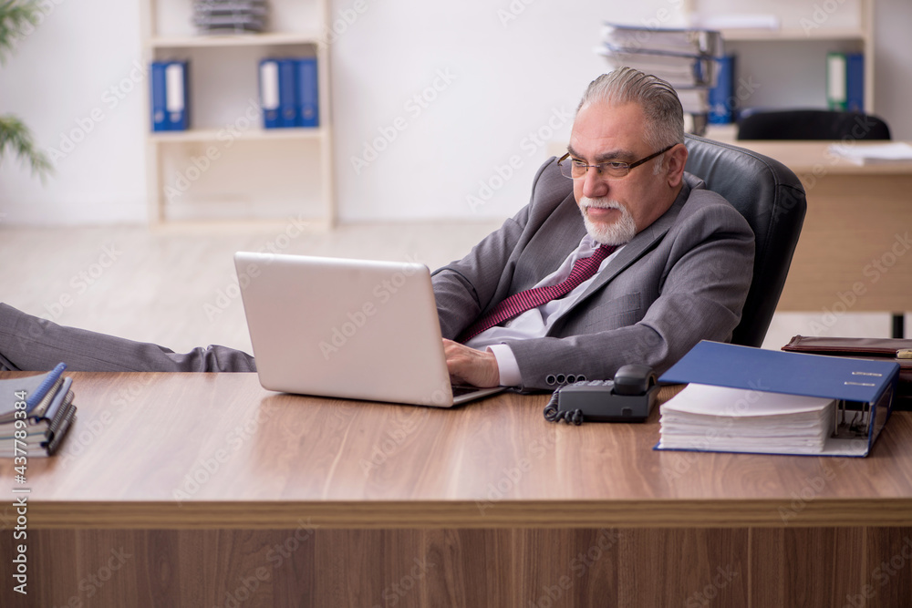 Old male employee working in the office Old male employee working in the office