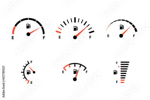 Fuel indicator for gas, petrol, gasoline, diesel level count. Set of car gauge for measuring fuel consumption and control gas tank fullness vector illustration isolated on white background
