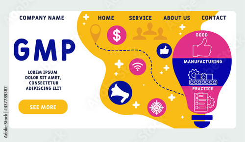 Vector website design template . GMP - Good Manufacturing Practice acronym. business concept. illustration for website banner, marketing materials, business presentation, online advertising.