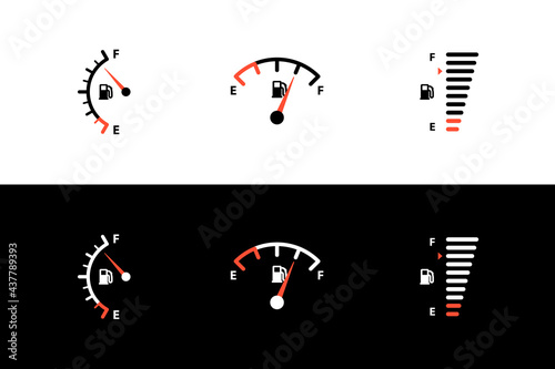 Car fuel tank indicator with gas, petrol, diesel gauge set. Different dashboard auto panel equipment with arrow needle for indicating fuel level vector illustration isolated on black white background