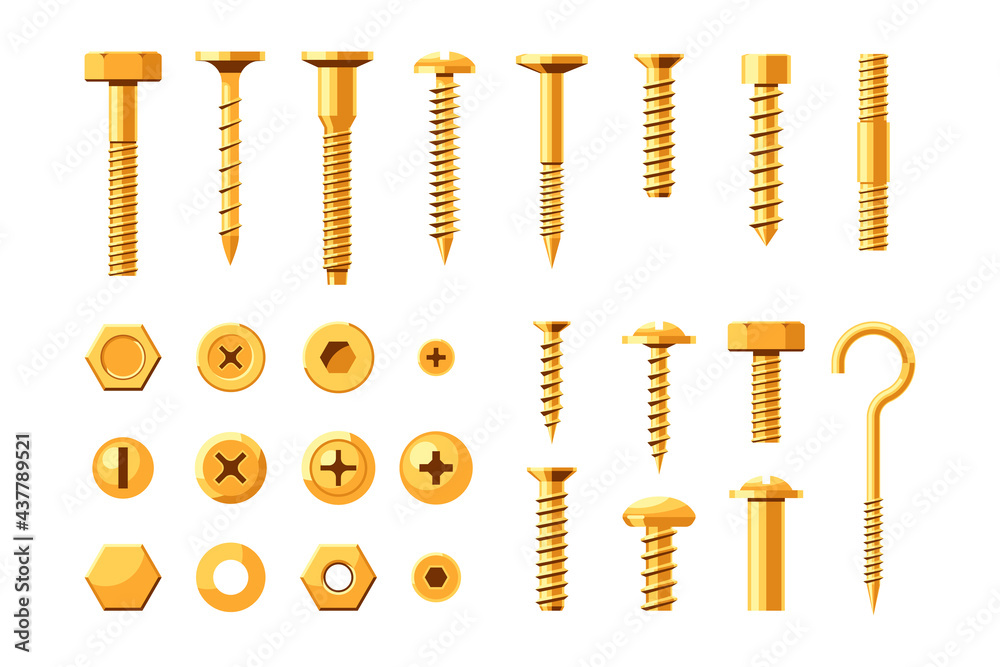 Construction gold screw hardware and metal hex cap nuts set. metallic