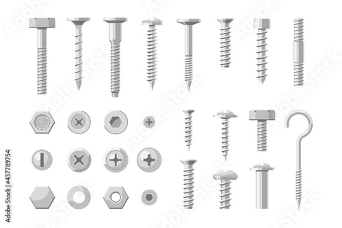Metal fastener, stainless steel bolt, brass and screw set. Silver, chrome or titanium rivet and washer hardware tool for fixation and repairing vector illustration isolated on white background