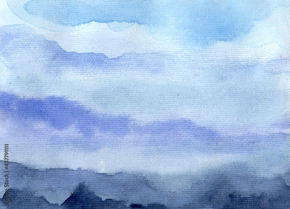 Watercolor paint abstract sky and mountain background. Blue and gray spot texture. Backdrop of spots and blob for packaging and web