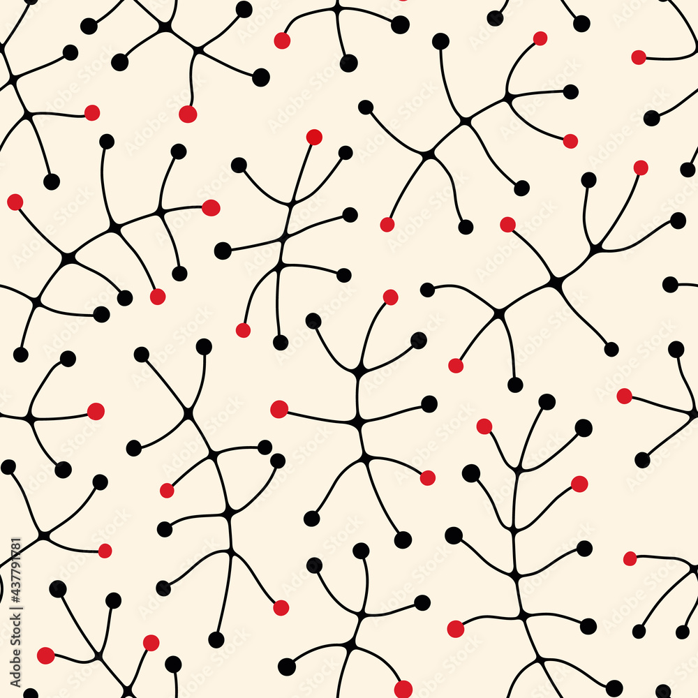 Modern seamless pattern. Black and red dots and lines on beige background. Hand drawn abstract repeat textures. For scrapbooking, wallpaper, fabric, wrapping, invitations, card.