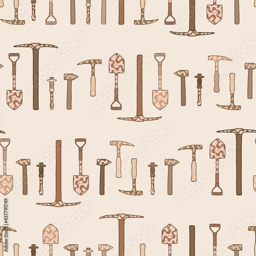 Vector doodle geological tools repeat pattern. Brown hand drawn hammer and pick seamless background. For scrapbooking, wallpaper, fabric, wrapping, invitations, card.