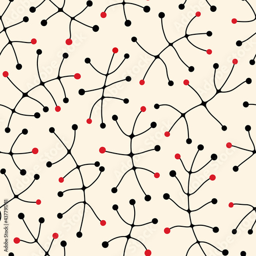 Modern seamless pattern. Black and red dots and lines on beige background. Hand drawn abstract repeat textures. For scrapbooking, wallpaper, fabric, wrapping, invitations, card.