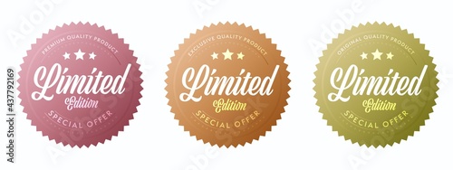 Limited edition label for exclusive quality product insignia. Special offer luxury round sale badge. Realistic stamp for goods item sale promotion and advertising vector illustration isolated on white photo