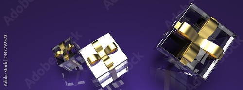 Clear closed gift boxes with gold ribbon on purple background. 3D illustration. 3D . 3D high quality rendering. © DRN Studio