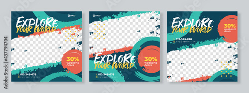 Set of three travel adventure social media pack template premium vector