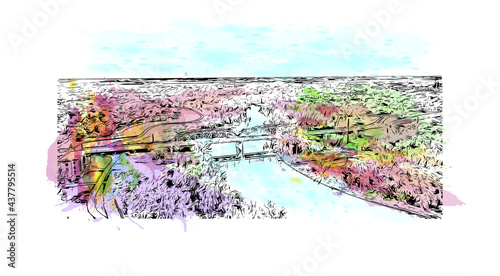 Building view with landmark of Grand Forks is a city in North Dakota. Watercolor splash with hand drawn sketch illustration in vector.