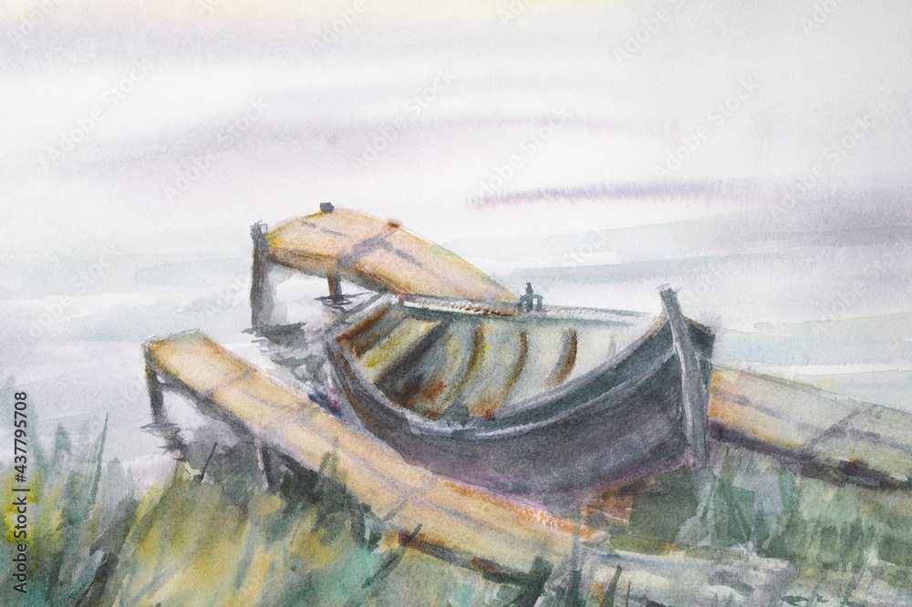 Watercolor drawing wooden boat on a sunset background