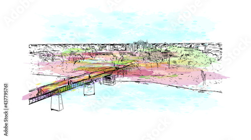 Building view with landmark of Grand Forks is a city in North Dakota. Watercolor splash with hand drawn sketch illustration in vector.