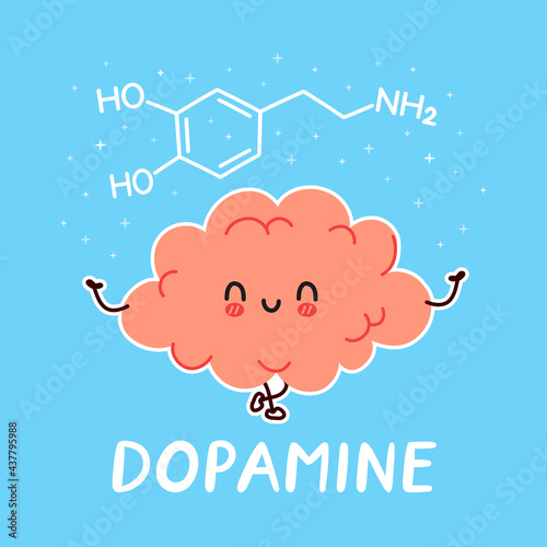 Cute funny human brain organ character and dopamine formula. Vector hand drawn cartoon kawaii character illustration icon. Brain, dopamine cartoon character medical concept
