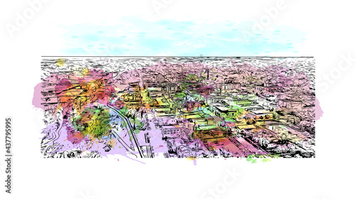 Building view with landmark of Grand Forks is a city in North Dakota. Watercolor splash with hand drawn sketch illustration in vector.