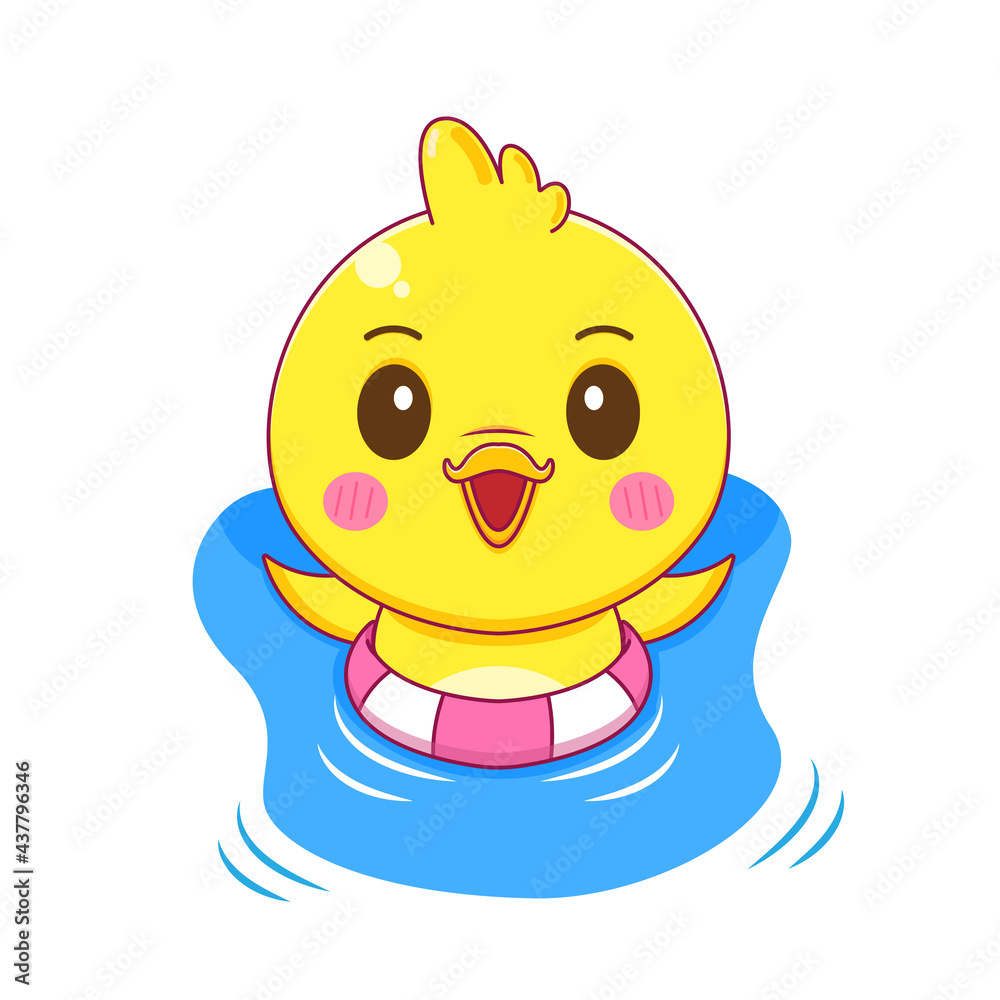 Cute little duck with swim ring isolated white background. Summer style illustration.