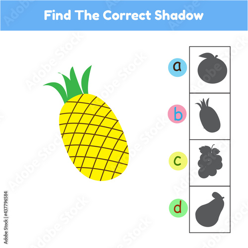 Find The Correct Shadow Game Pineapple Cartoon Illustration Vector