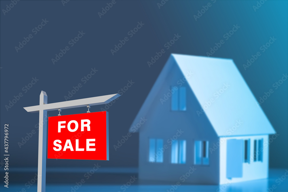 For sale sign as an open house symbol. Conducting an open house for sale of building. For sale sign next to mock-up of house. White model of cottage is blurred in the background. For sale sign as an open house symbol. Conducting an open house for sale of building. For sale sign next to mock-up of house. White model of cottage is blurred in the background.