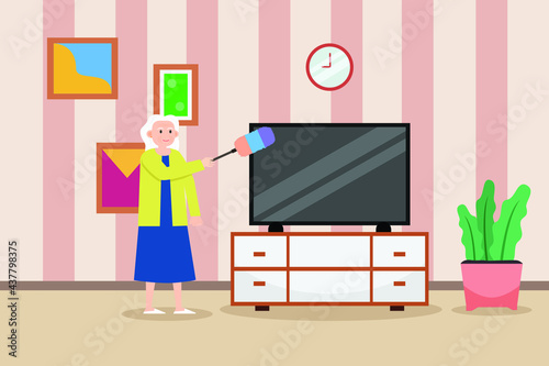 Housekeeping vector concept: Old woman cleaning the television while using feather duster at home
