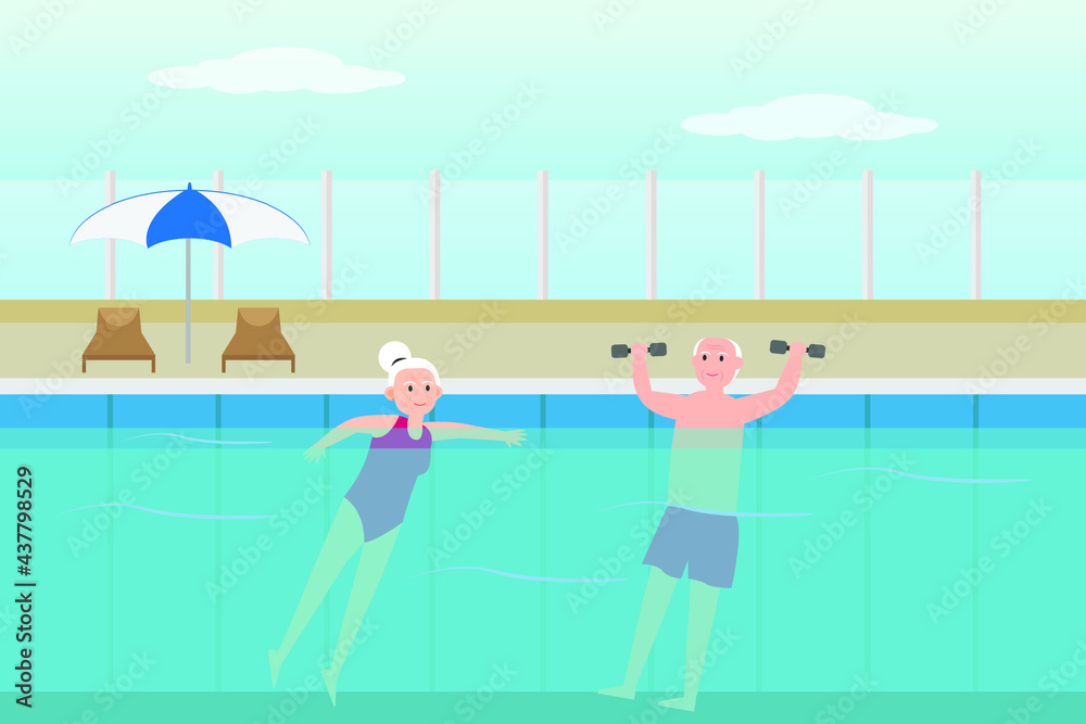 Senior people vector concept: Senior couple enjoying workout in swimming pool while using dumbbell
