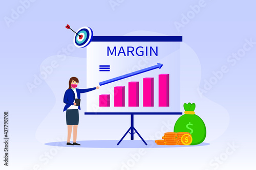 Margin vector concept: Young businesswoman showing up arrow chart of business margin while wearing face mask in new normal