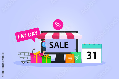 Payday vector concept: Businesswoman talking about payday sale while using megaphone