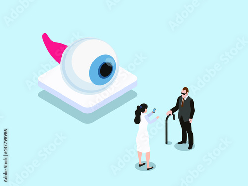 Organ donation isometric vector concept. Female ophthalmologist donating eyes organ to blind man