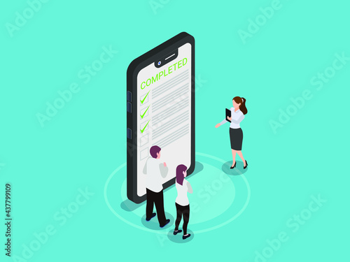 Completed isometric vector concept. Business team with completed task list on mobile phone