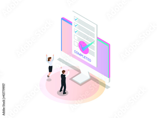 Completed isometric vector concept. Happy business team looking at a list of completed online tasks
