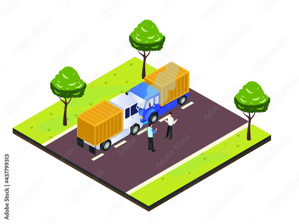 Accident vector concept: Two men arguing each other while looking at their damage trucks on the highway Accident vector concept: Two men arguing each other while looking at their damage trucks on the highway