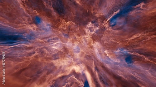 Unexplored galaxy region flying through interstellar solar winds and fiery orange plasma storm clouds - 4K ultra quality abstract outer space inspired backdrop time lapse - seamless looping.