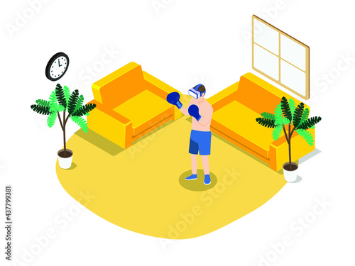 Virtual reality vector concept. Young man wearing vr glasses while boxing workout in the living room at home