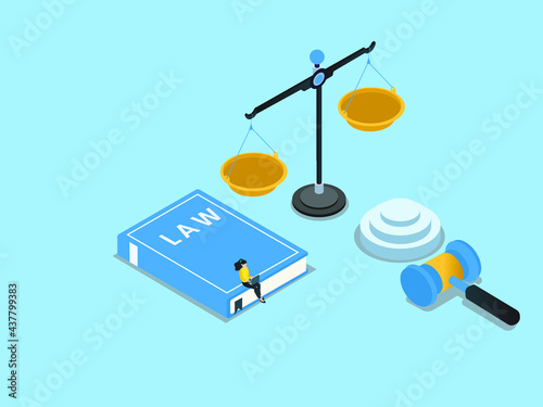 Legal education vector concept: Young woman studying about law while using laptop and sitting on a book near scales and gavel