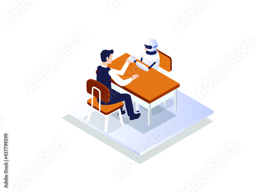 Business competition vector concept: Young businessman and robot competing in arm wrestling