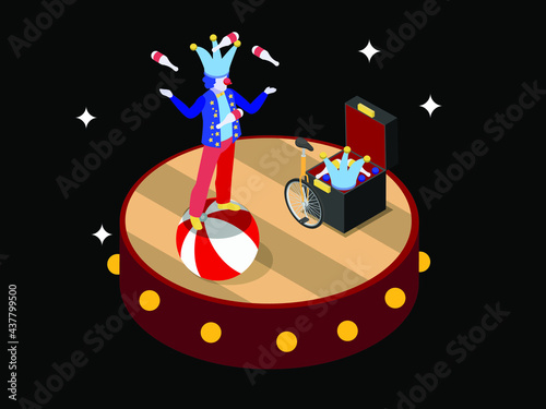 Circus clown vector concept. Clown juggles pins while standing on the ball and entertaining visitor in circus