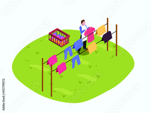 Housekeeper vector concept. Male maid wearing apron while drying clothes and standing in the backyard