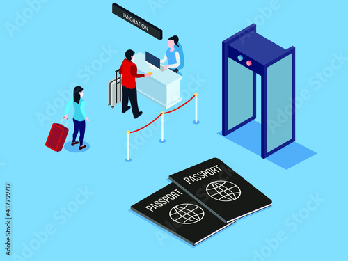Passenger wearing face mask while queuing at the immigration checkpoint counter and standing with passport in the airport. Isometric vector concept