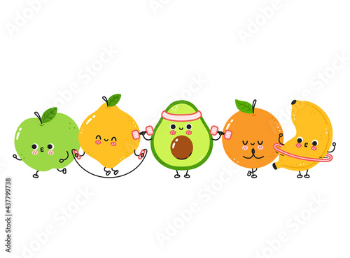Cute funny fruits make gym. Vector flat line cartoon kawaii character illustration icon. Isolated on white background. Pear,lemon,orange,apple,kiwi,banana workout character bundle