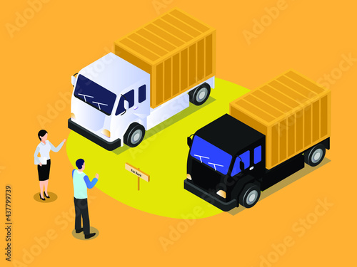 Rent truck vector concept: Saleswoman offering trucks for rent to young businessman while standing together