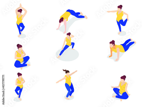 Yoga vector concept. Set of young woman characters doing variety yoga poses while wearing sportswear