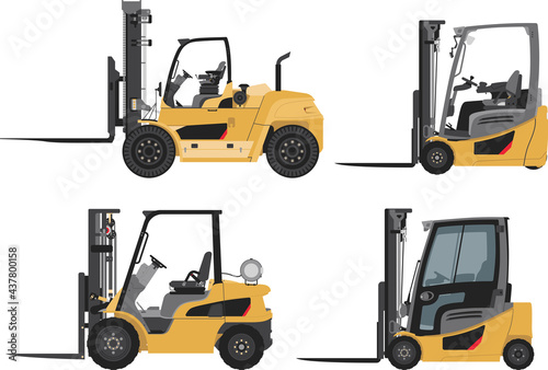 Set of Forklift, Isolated Detailed Vector Illustration Sideview, Heavy Equipment, Construction Vehicles, Machinery