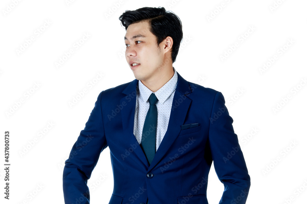 Young attractive asian business man wearing navy blue suit with white shirt and necktie looking confused. White background isolated Young attractive asian business man wearing navy blue suit with white shirt and necktie looking confused. White background isolated