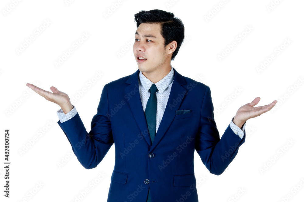 Young attractive asian business man wearing navy blue suit with white shirt and necktie looking confused by put hands out to the side. White background isolated