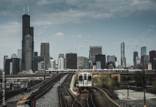 Train subway view at Chicago, Vintage Chicago skyline photo