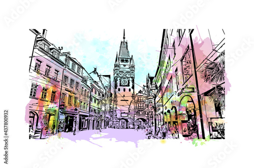 Building view with landmark of Freiburg is the 
city in Germany. Watercolor splash with hand drawn sketch illustration in vector.