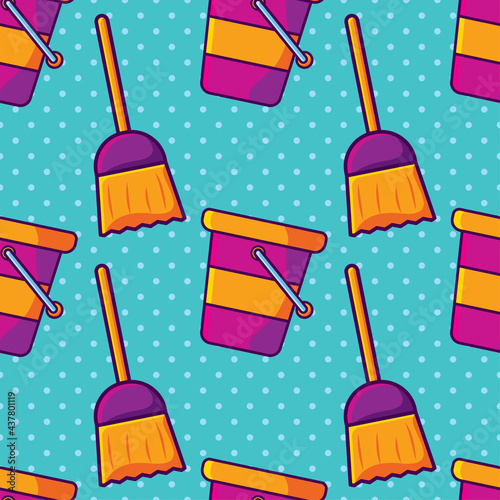 broom with a bucket for cleaning concept seamless pattern vector illustration 